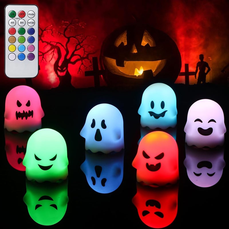 DRomance Halloween Ghost Lights Flameless Candles Battery Operated with Remote and Timer 6 Pack Color Changing LED Small Votive Candles Spooky Halloween Indoor Deocration(2 x 2.4 Inches) - Image 1